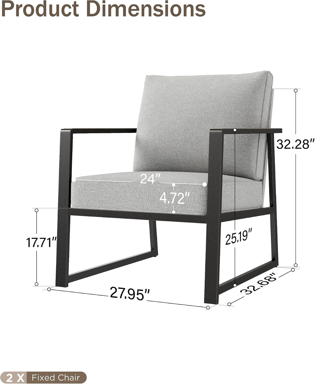 PHI VILLA Patio Furniture Metal Armchair,2 PCS All-Weather Outdoor Contemporary Sofa Chair,Black Frame with Textilene Cushion（Backyard ICON Collection）