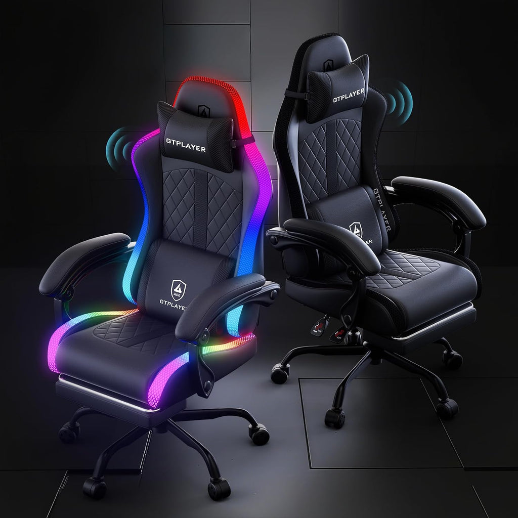 GTPLAYER RGB Gaming Chair with Speakers, Computer Gamer Chair with Footrest and LED Lights, PC Gamer Chairs for Adults, High Back Reclining Office Chairs, Linkage Armrest (Black, with Speakers)