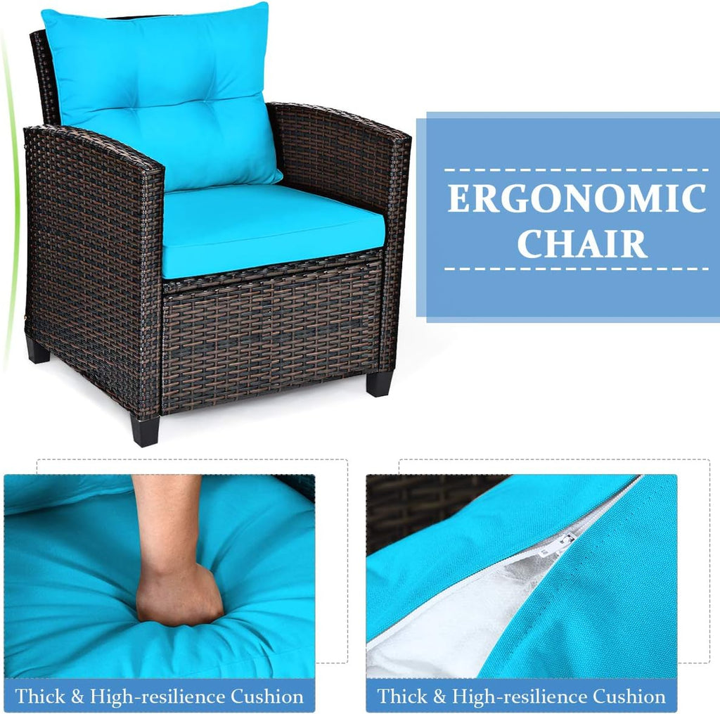 COSTWAY 3PCS Patio Furniture Set, PE Rattan Wicker Sofa w/Washable Cushion and Coffee Table, Tempered Glass Tabletop, Outdoor Conversation Set for Balcony, Porch, Yard, Backyard, Lawn, Turquoise