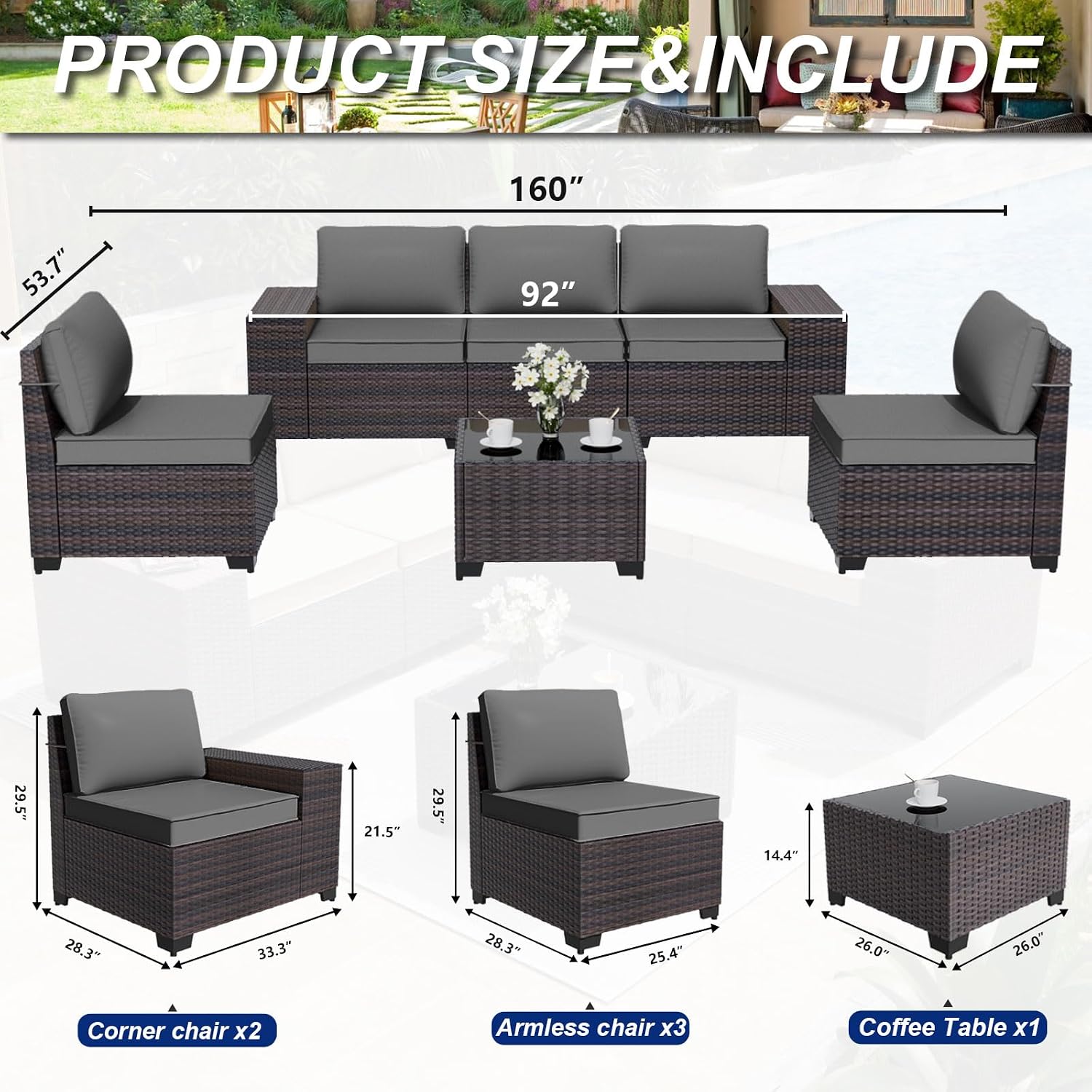 ALAULM 6 Pieces Patio Furniture Set, Oversized Seat/Armrest and High Back Wicker Sectional Furniture Set with Thick Cushion for Backyard, Garden, Grey