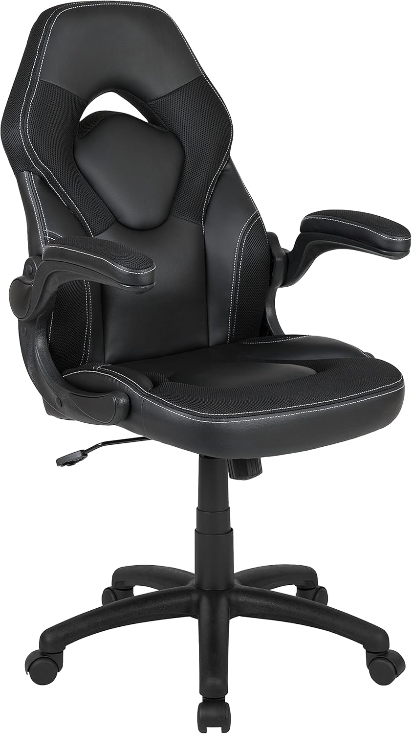 Flash Furniture X10 High-Back LeatherSoft Racing Style Gaming Chair with Flip-Up Arms, Ergonomic Padded Swivel Computer Chair, Black