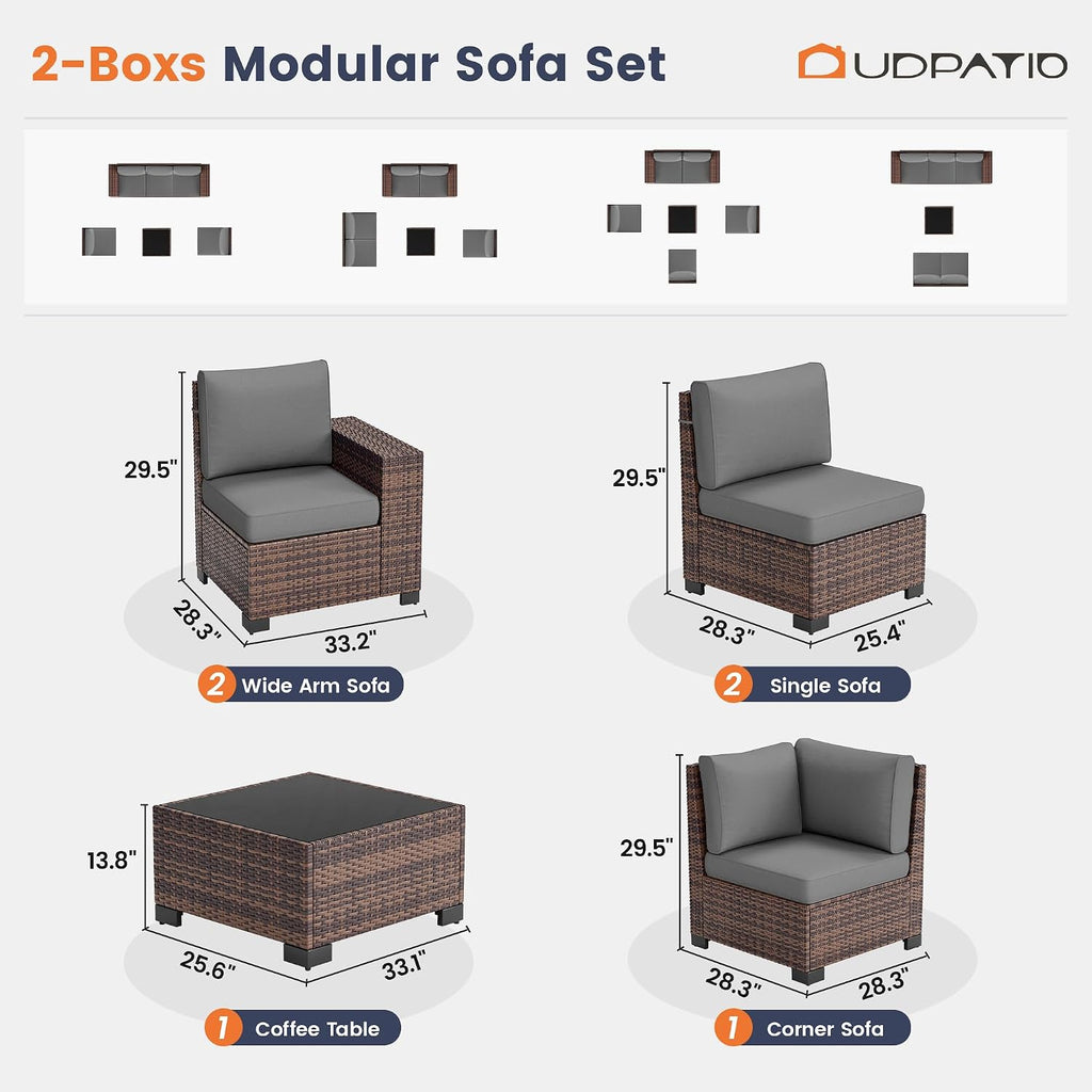 UDPATIO Patio Furniture Set, 8 Inch Armrest Outdoor Sectional Sofa with Wicker Coffee Table, 6 Piece Conversation for Garden, Backyard, Dark Grey