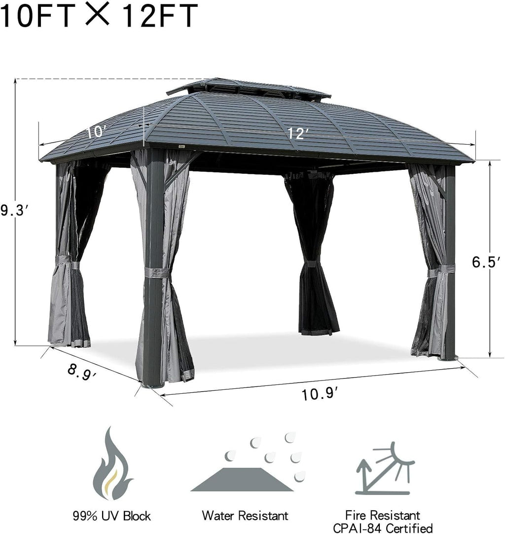 Domi Outdoor Gazebo 10'x12', Permanent Hardtop Gazebo with Aluminum Frame for Patios Deck Backyard, Galvanized Steel Double Roof, Curtains and Netting for Lawns, Garden, Poolside
