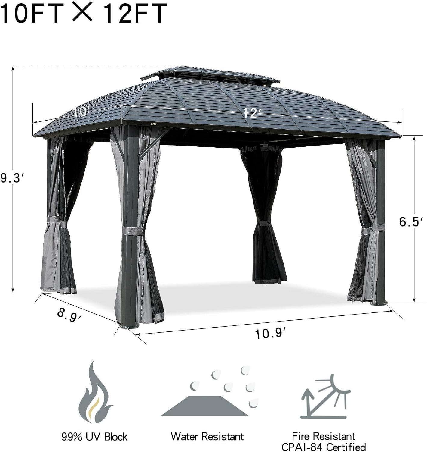 Domi Outdoor Gazebo 10'x12', Permanent Hardtop Gazebo with Aluminum Frame for Patios Deck Backyard, Galvanized Steel Double Roof, Curtains and Netting for Lawns, Garden, Poolside