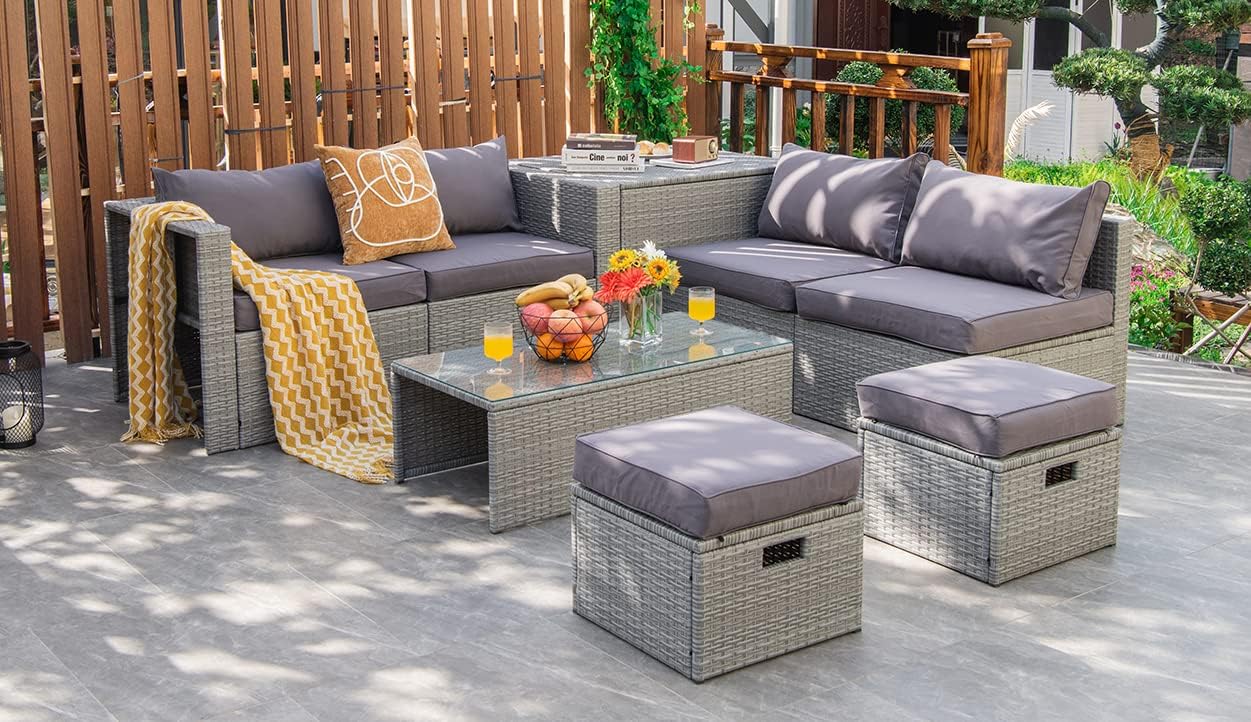 Tangkula 8 Piece Patio Wicker Furniture Set, Patiojoy Space Saving Outdoor PE Rattan Conversation Set with Storage Box & Waterproof Cover, Coffee Table, 2 Ottomans, 2 Armless Sofas & 2 Corner Sofas