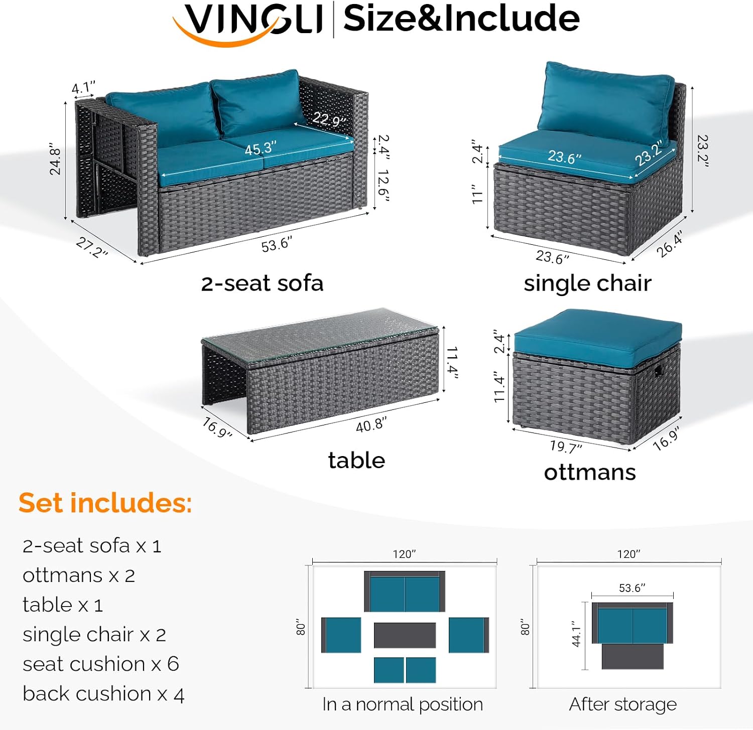 VINGLI 6 Pieces Wicker Patio Furniture Set, Outdoor Sectional Furniture Patio Conversation Set Space-Saving Design with Ottomans and Coffee Table for Garden,Poolside, Backyard (Black)