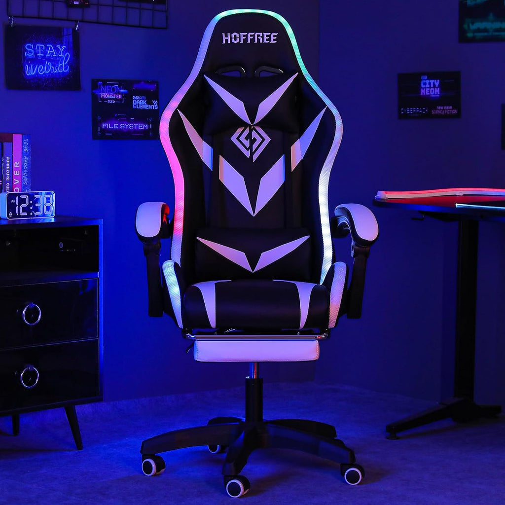 HOFFREE Gaming Chair Massage with Bluetooth Speakers and Led Lights Ergonomic Computer Gaming Chair with Footrest RGB Video Game Chair with High Back Lumbar Support White and Black