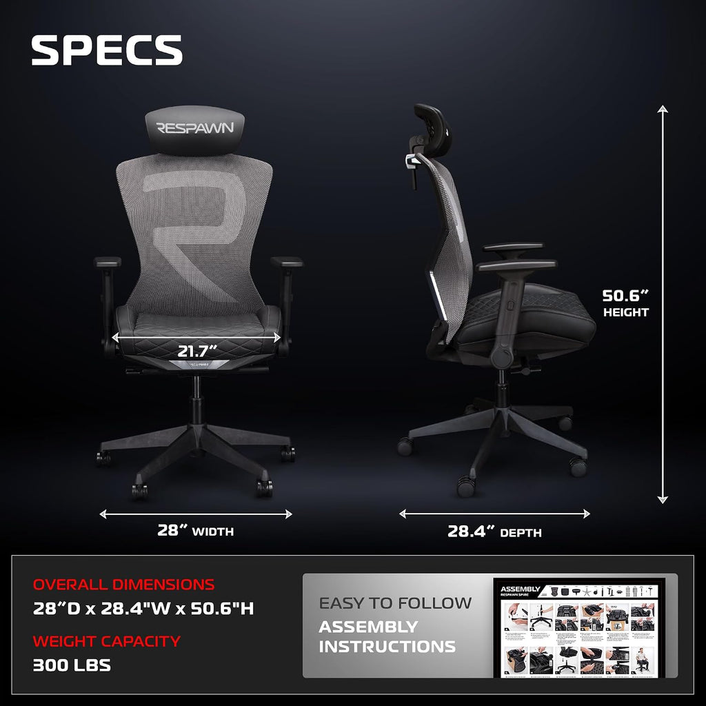 RESPAWN SPIRE Ergonomic Office Chair with Lumbar Support, Headrest, Adjustable Arms and Cooling Gel Seat Cushion, Comfy Breathable Mesh Seat for Home Office, High Back Reclining Gaming Chair - Black