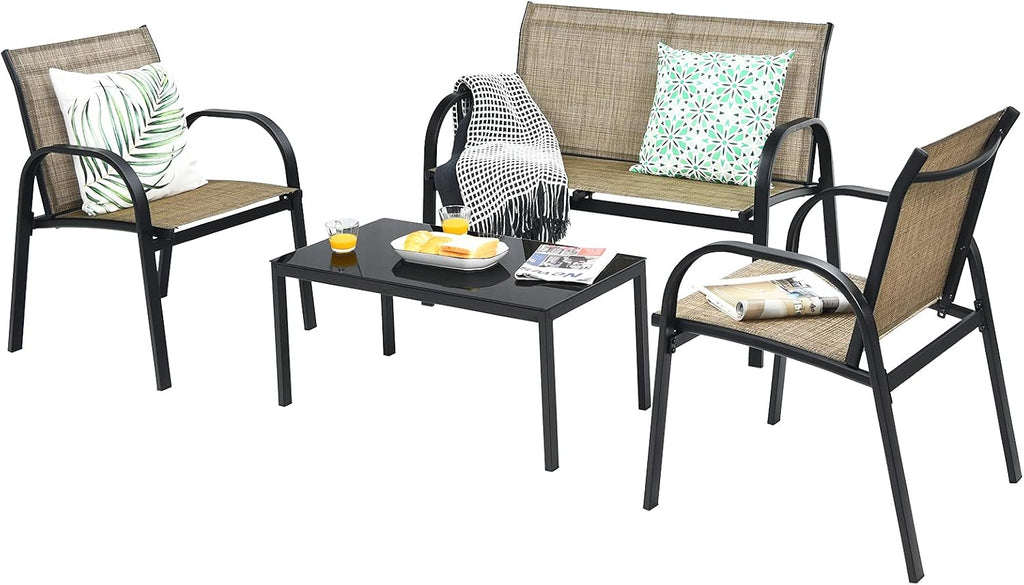 Tangkula 4 Pieces Patio Furniture Set, Metal Frame Heavy Duty Outdoor Conversation Set, Includes Glass Top Coffee Table, 2 Armrest Chairs and Loveseat, Suitable for Lawn Garden Porch Balcony (Brown)