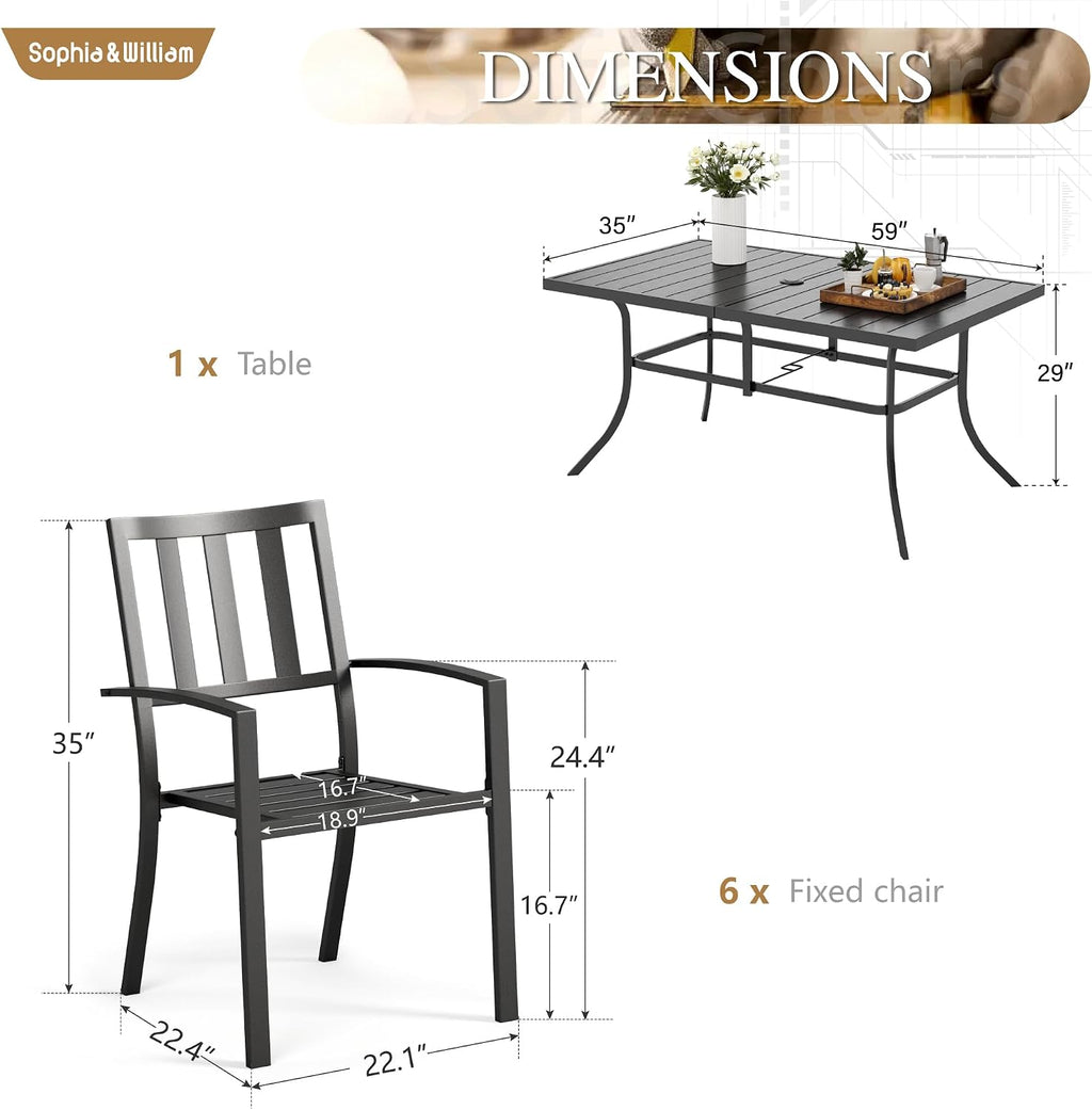 Sophia & William Patio Table and Chairs Set, Outdoor Dining Set for 6, 7 Piece Metal Patio Furniture, 60' Black Rectangular Table(Stripe)