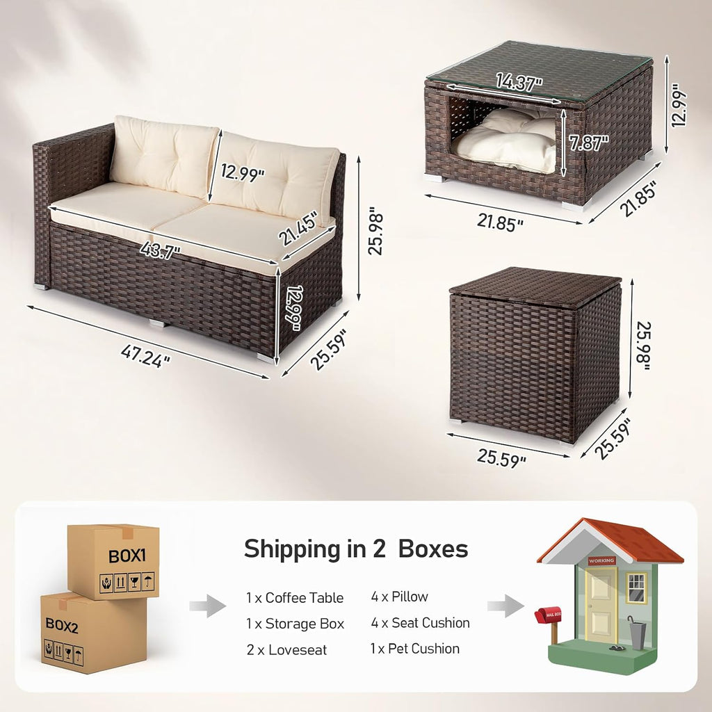 Outvita 4 Piece Outdoor Patio Furniture Set, PE Rattan Conversation Sofa Set, Wicker All-Weather Outside Furniture w/Glass Top Coffee Table with Pet Ped & Hidden Storage for Garden, Balcony (Brown)