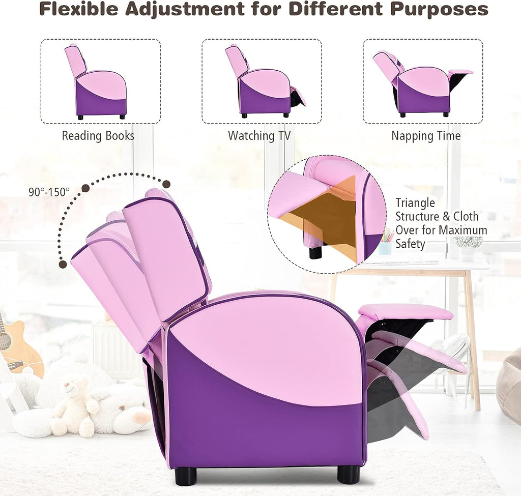 Costzon Kids Recliner, Gaming Recliner Chair w/Footrest, Headrest, Lumbar Support & Side Pockets, Ergonomic Leather Lounge Chair for Living & Gaming Room, Adjustable Recliner Sofa for Boys Girls, Pink