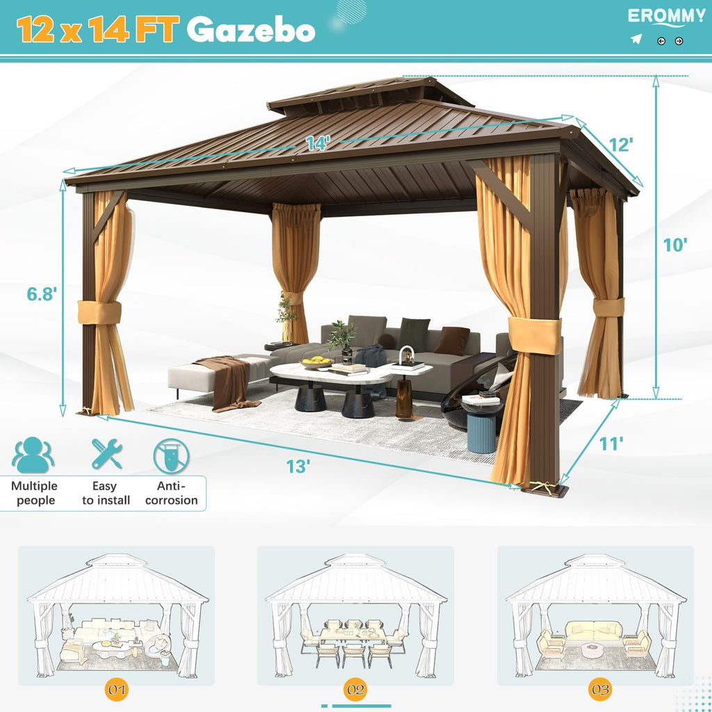 EROMMY 12'x14' Gazebo Hardtop, Galvanized Steel Double Roof Metal Gazebo with Aluminum Frame, Permanent Outdoor Pavilion with Curtain and Netting for Patio, Lawn and Garden, Brown