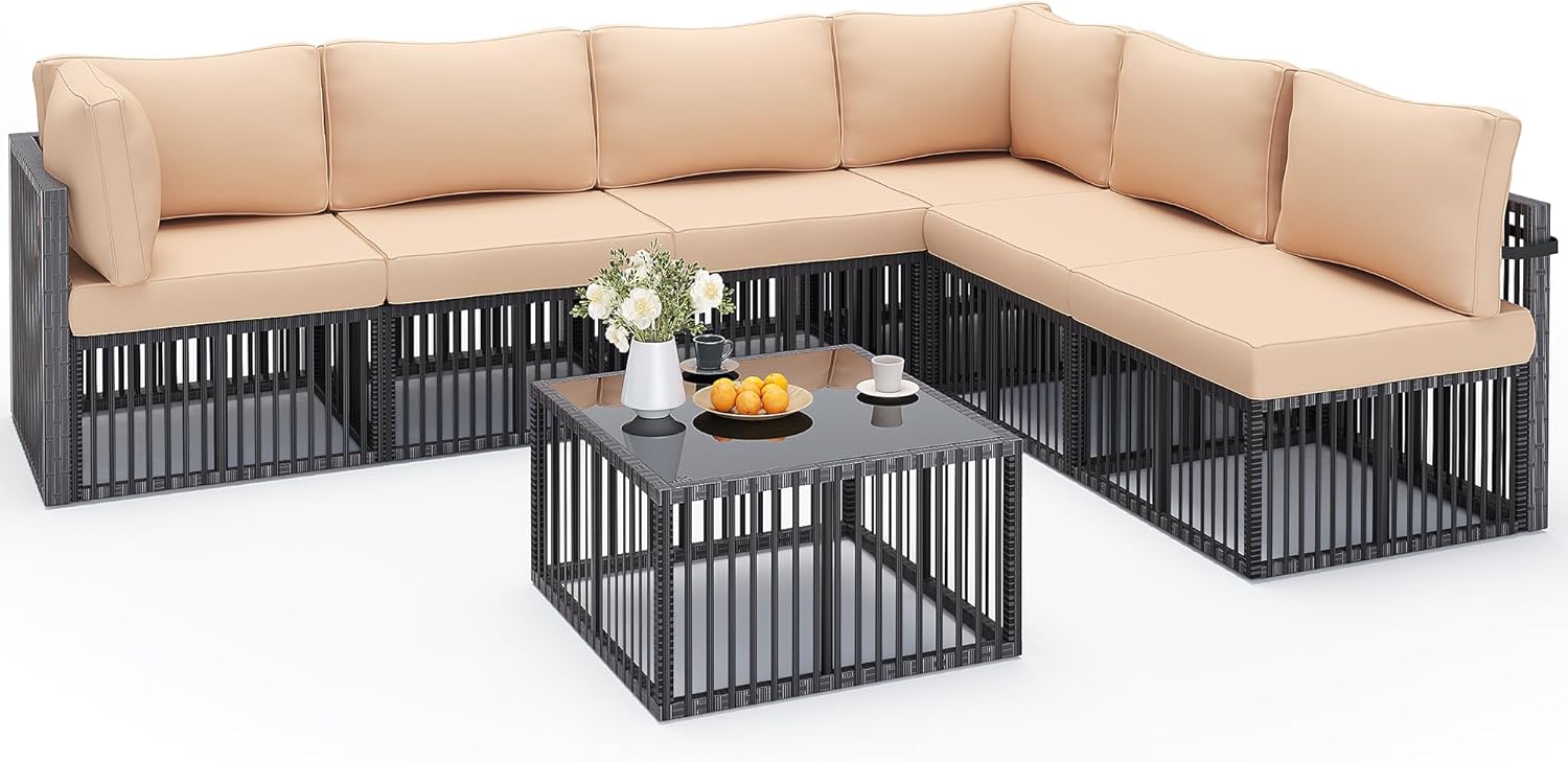 Pamapic 7-Piece Outdoor Sectional Set, Large Wicker Patio Furniture Set with Coffee Table and Washable Cushions Covers, All-Weather Patio Sofa Conversation Set for Backyard, Poolside, Garden