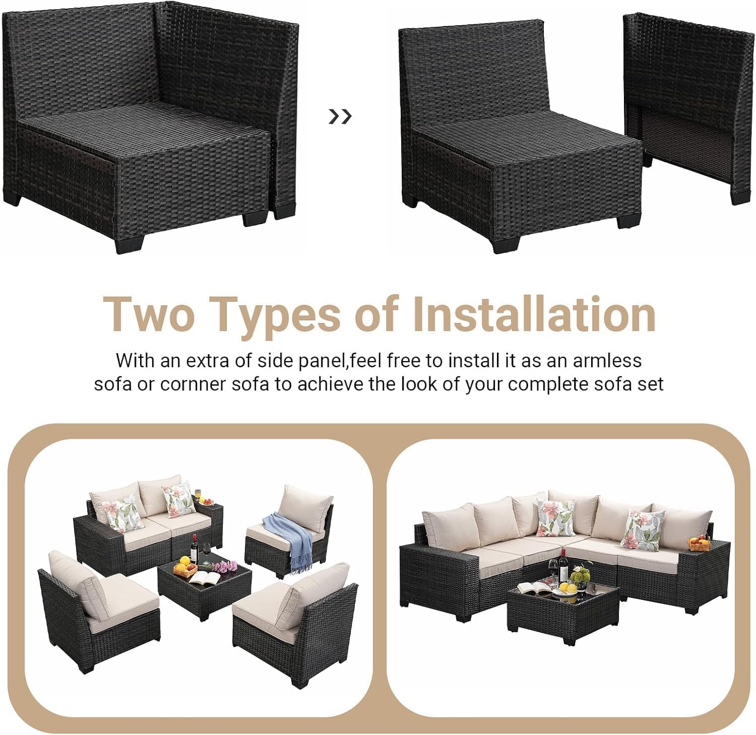 Patio Furniture Set, 6 Pieces Outdoor Couch Sofa with Wider Armrests & Glass Coffee Table, Outdoor Sectional Furniture with Thick Cushions for Party, Poolside,Garden-Beige