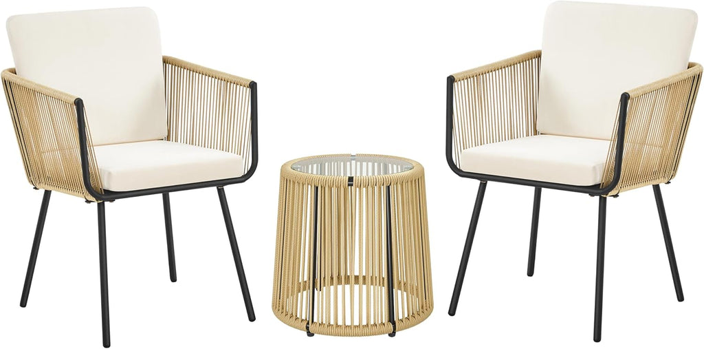 Yaheetech 3 Piece Patio Rattan Bistro Set, Outdoor All Weather PE Wicker Conversation Furniture Set with 2 Chairs & Tempered Glass Top Table & Cushions, for Poolside/Porch/Garden/Yard, Tan/Cream