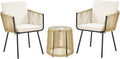 Yaheetech 3 Piece Patio Rattan Bistro Set, Outdoor All Weather PE Wicker Conversation Furniture Set with 2 Chairs & Tempered Glass Top Table & Cushions, for Poolside/Porch/Garden/Yard, Tan/Cream