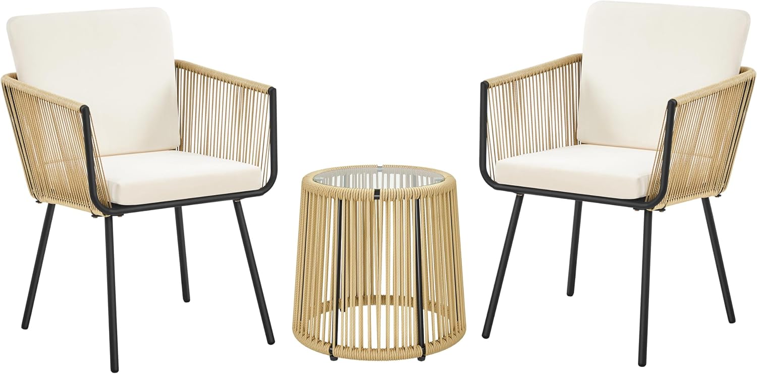 Yaheetech 3 Piece Patio Rattan Bistro Set, Outdoor All Weather PE Wicker Conversation Furniture Set with 2 Chairs & Tempered Glass Top Table & Cushions, for Poolside/Porch/Garden/Yard, Tan/Cream