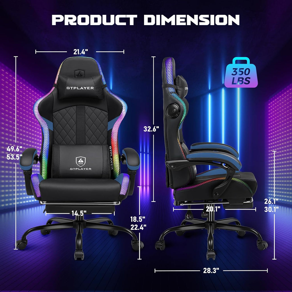 GTPLAYER RGB Gaming Chair with Speakers - LED Computer Game Chair for Adults, PC Home Office Chairs with Footrest & Lights, Reclining Desk Chairs, Dark Blue