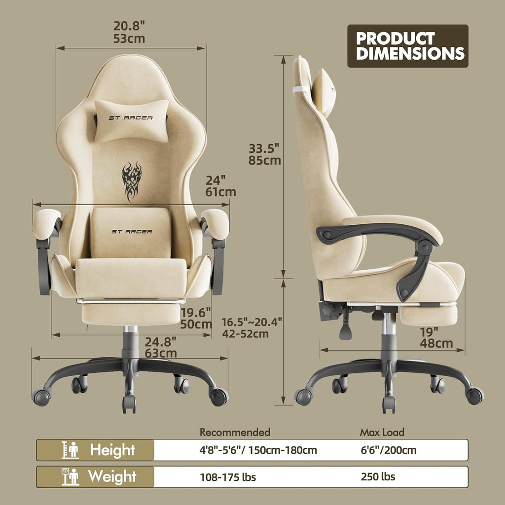 Ferghana Velvet Fabric Gaming Chair, High Back Ergonomic Gamer Chair for Adult, Comfortable Video Game Chair with Footrest and Massage Lumbar Cushion, Racing Reclining Office Computer Desk Chair Beige