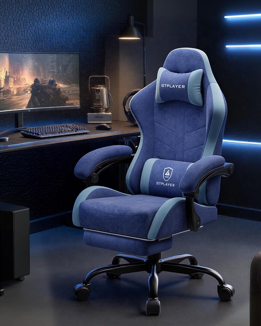 GTPLAYER Gaming Chair with Footrest, Computer Gaming Chair for Adults and Kids, Height Adjustable Gamer Chair with 90-155° Recline & Removable Headrest Lumbar Support,Performance Fabric Blue