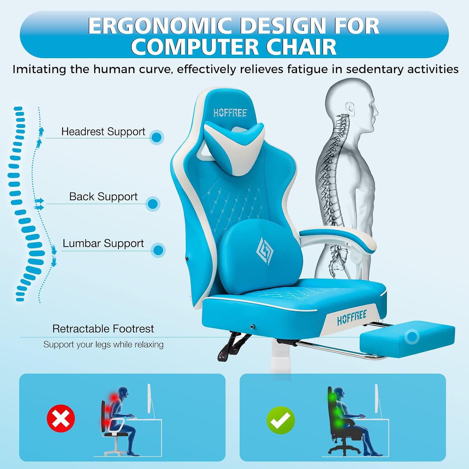 HOFFREE Gaming Chair Computer Chair with Speakers Massage Game Chairs with Footrest Bluetooth High Back Ergonomic Computer Gaming Chairs for Adults Reclining Video Gamer Chair Sky Blue and White