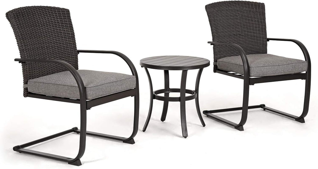 Grand patio 3-Piece Bistro Set, Outdoor Wicker Table Set, Rocking Wicker Chairs with Removable Cushions and Small Coffee Table, Patio Furniture Sets for Balcony, Porch, Grey