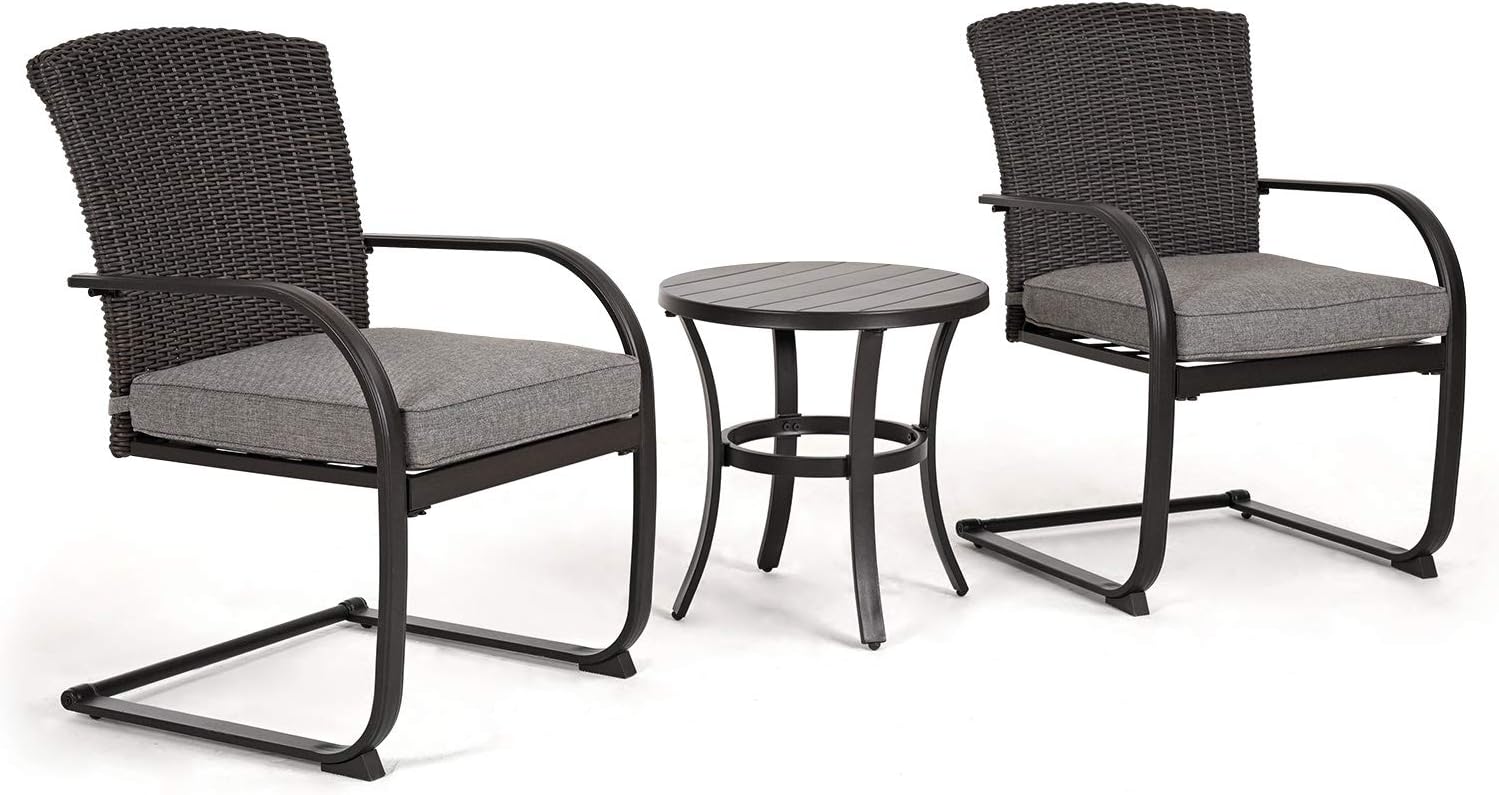 Grand patio 3-Piece Bistro Set, Outdoor Wicker Table Set, Rocking Wicker Chairs with Removable Cushions and Small Coffee Table, Patio Furniture Sets for Balcony, Porch, Grey