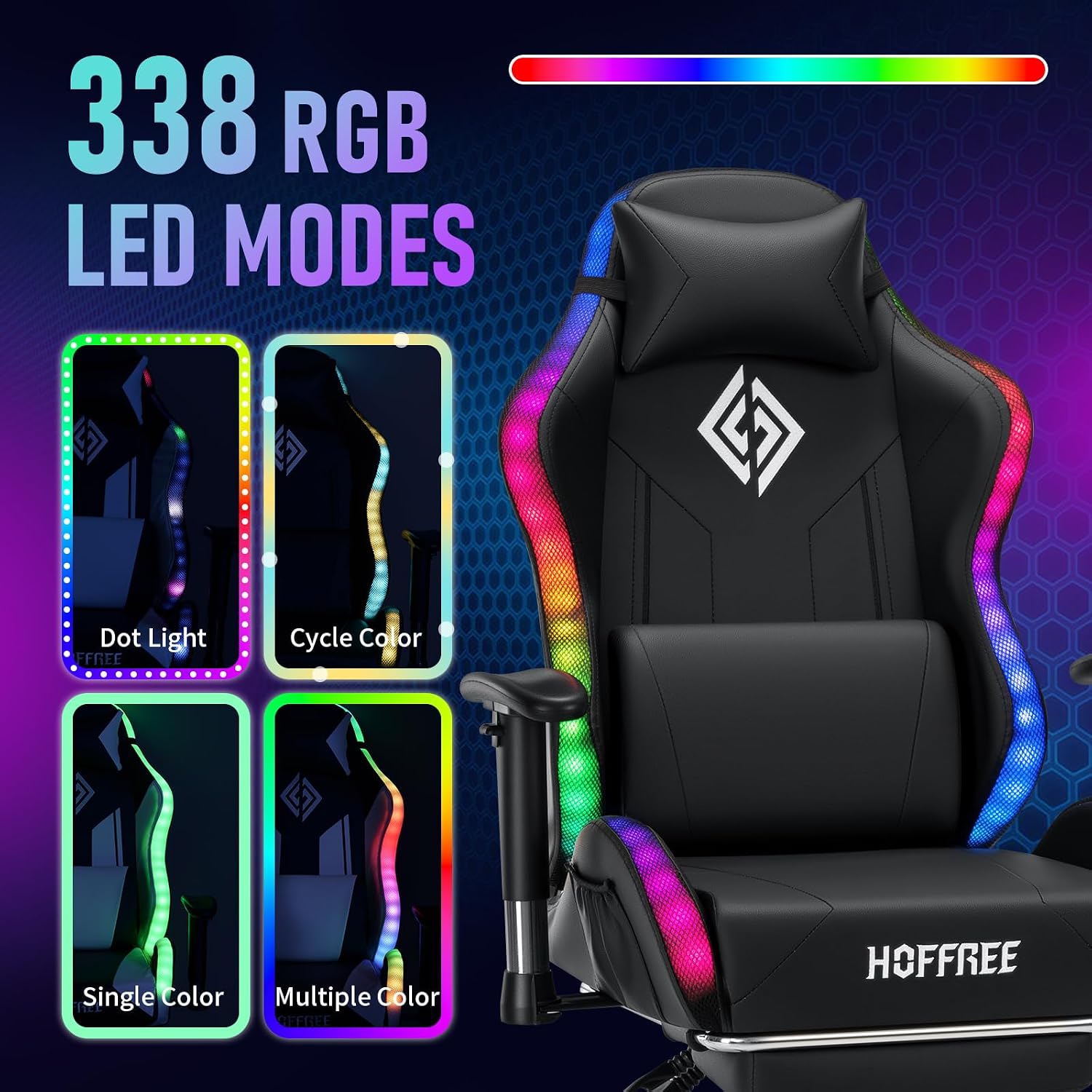 HOFFREE RGB LED Gaming Chair for Kids Reclining Gaming Chairs for Teens 8-15 Computer Chair with RGB Lights Kids PC Game Chair with Footrest and Lumbar Support Video Game Chairs Black