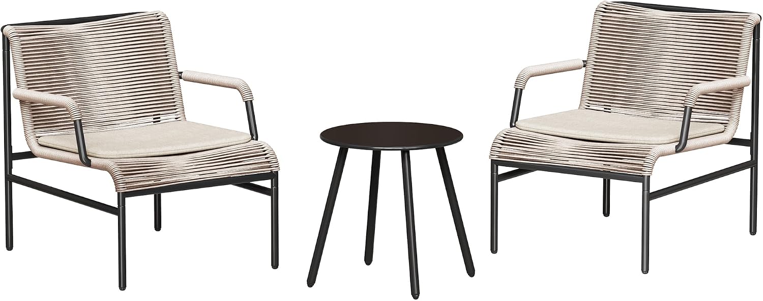 East Oak 3-Piece Patio Furniture Set, Outdoor Bistro Set with PE Rattan Wicker Wide Chairs, Soft Cushions & Coffee Table, Modern All-Weather Wicker Patio Set for Garden and Porch, Creamy Apricot