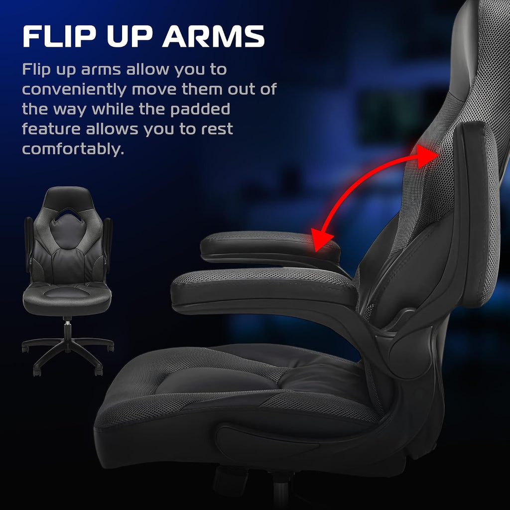 RESPAWN 3085 Ergonomic Gaming Chair for Adults, High Back Office Chair with Headrest and Flip Up Arms, Leather Racing Style Gaming Seat with Lumbar Support, Video Game Computer Desk Seat - Gray