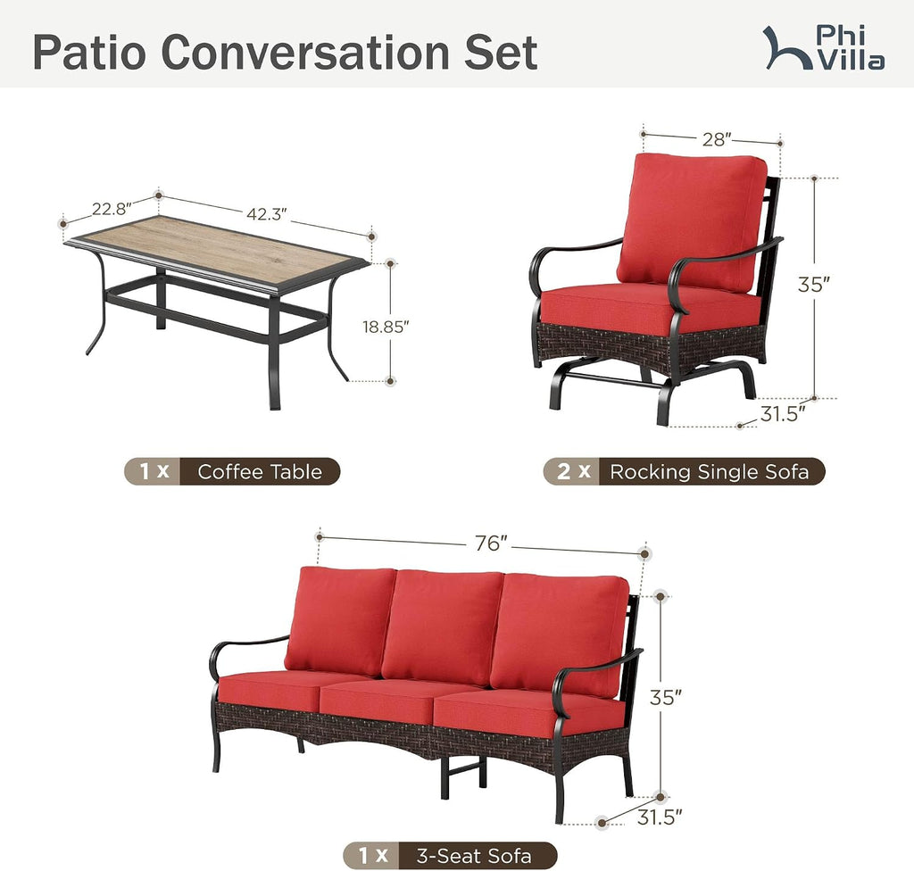 PHI VILLA Outdoor Modern Patio Furniture Set, Upgraded Wicker & Metal Patio Furniture Conversation Set with Waterproof Thick Cushions for Porch, Poolside, Yard (4 Pieces,Red)