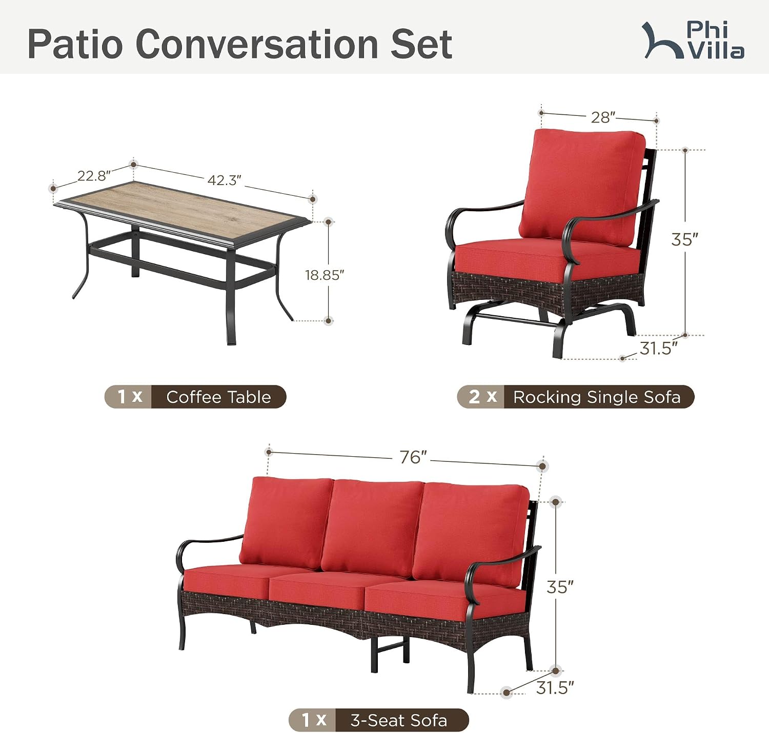 PHI VILLA Outdoor Modern Patio Furniture Set, Upgraded Wicker & Metal Patio Furniture Conversation Set with Waterproof Thick Cushions for Porch, Poolside, Yard (4 Pieces,Red)