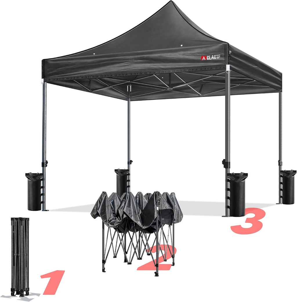 Heavy Duty Pop Up Canopy Tent-8 Drainage Holes,Waterproof & UPF 50+,4 Sandbags,8 Stakes for Commercial,Outdoor Events Instant Set Up,(Black 10x10)