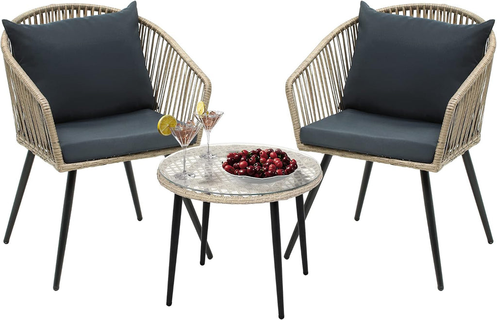 YITAHOME 3-Piece Outdoor Patio Furniture Wicker Bistro Set, All-Weather Rattan Conversation Chairs for Backyard, Balcony and Deck with Soft Cushions, Glass Side Table, Gray Rattan