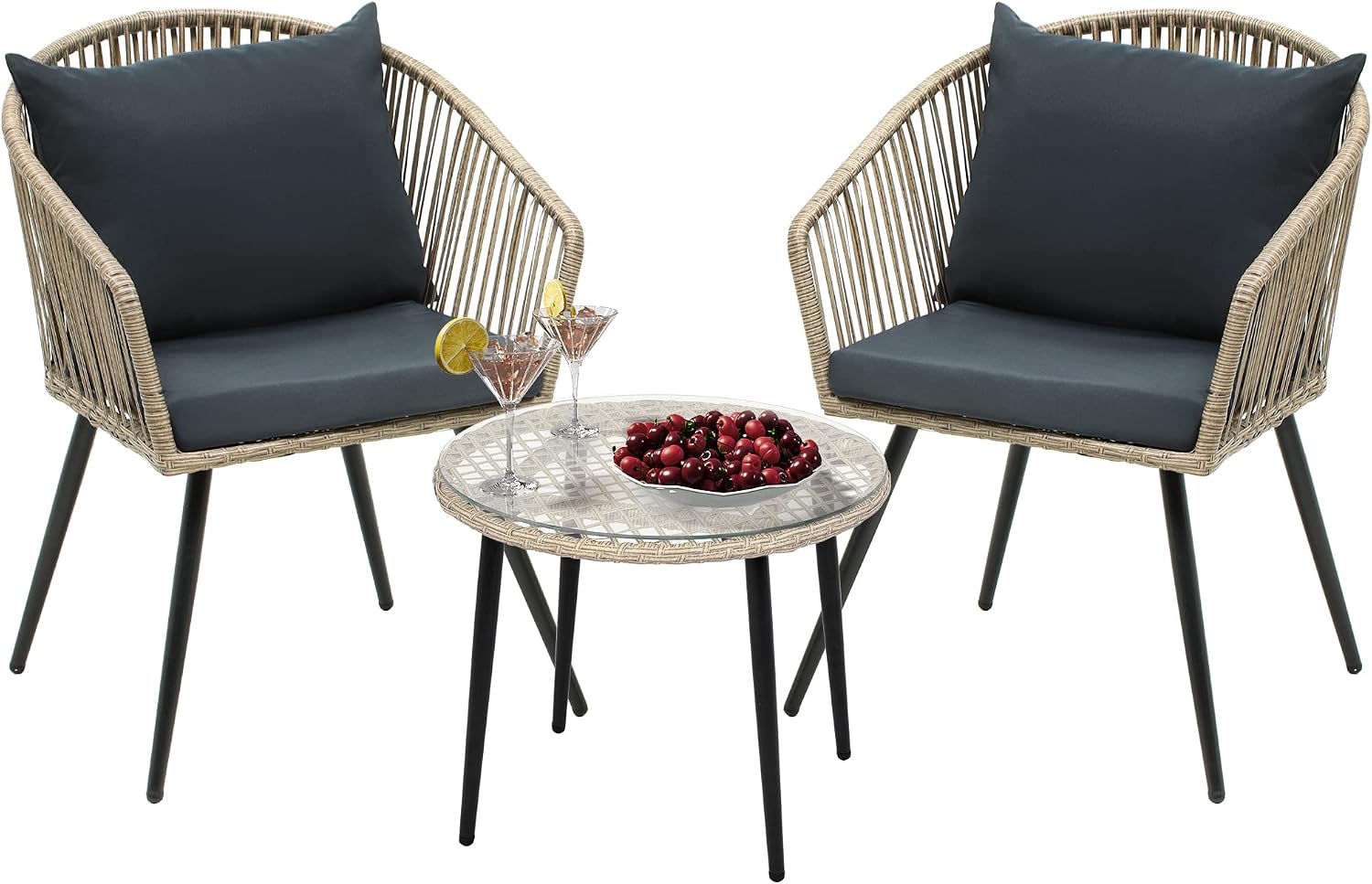 YITAHOME 3-Piece Outdoor Patio Furniture Wicker Bistro Set, All-Weather Rattan Conversation Chairs for Backyard, Balcony and Deck with Soft Cushions, Glass Side Table, Gray Rattan