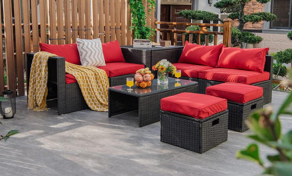 Tangkula 8 Pieces Patio Furniture Set with Waterproof Cover, Patiojoy Space Saving Outdoor PE Rattan Set with Storage Box, Tempered Glass Table, 2 Ottomans, 2 Armless Sofas & Corner Sofas