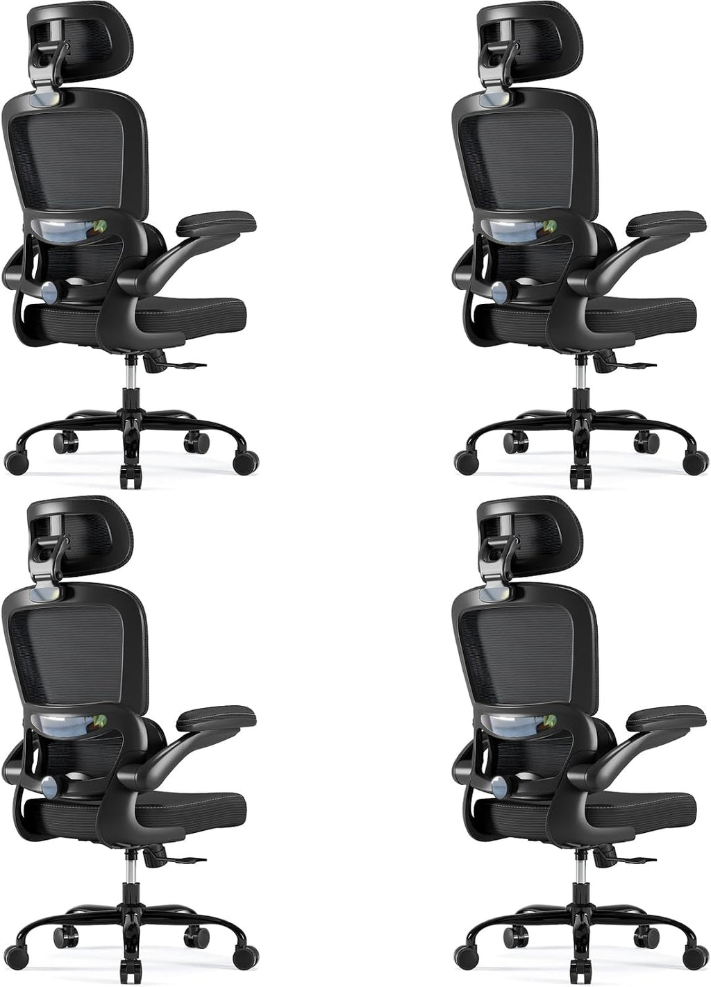 TRALT Ergonomic Office Chair - Desk Chair with Adjustable Headrest Lumbar Support Computer Chair - Mesh Comfy Chair with Flip-up Armrests - Gaming Chair for Adults Home Office PU, Black, Pack of 4