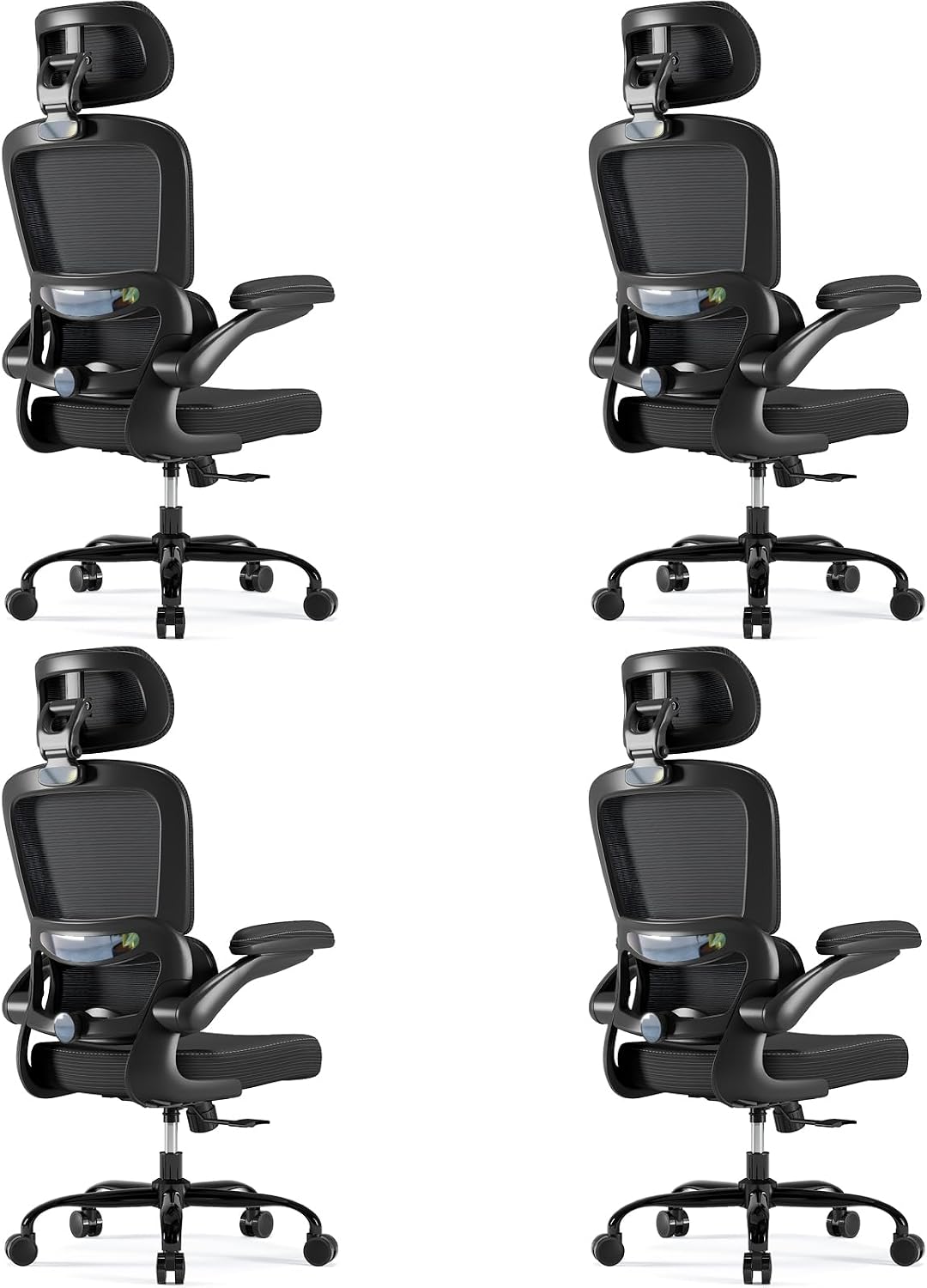 TRALT Ergonomic Office Chair - Desk Chair with Adjustable Headrest Lumbar Support Computer Chair - Mesh Comfy Chair with Flip-up Armrests - Gaming Chair for Adults Home Office PU, Black, Pack of 4
