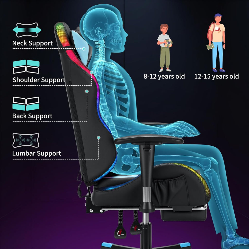 HOFFREE RGB LED Gaming Chair for Kids Reclining Gaming Chairs for Teens 8-15 Computer Chair with RGB Lights Kids PC Game Chair with Footrest and Lumbar Support Video Game Chairs Blue and Black