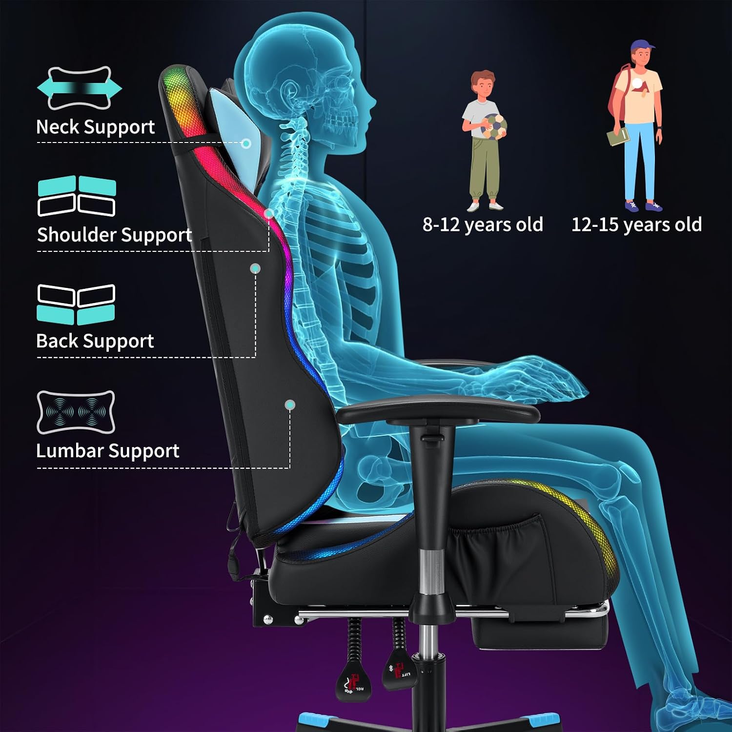 HOFFREE RGB LED Gaming Chair for Kids Reclining Gaming Chairs for Teens 8-15 Computer Chair with RGB Lights Kids PC Game Chair with Footrest and Lumbar Support Video Game Chairs Blue and Black