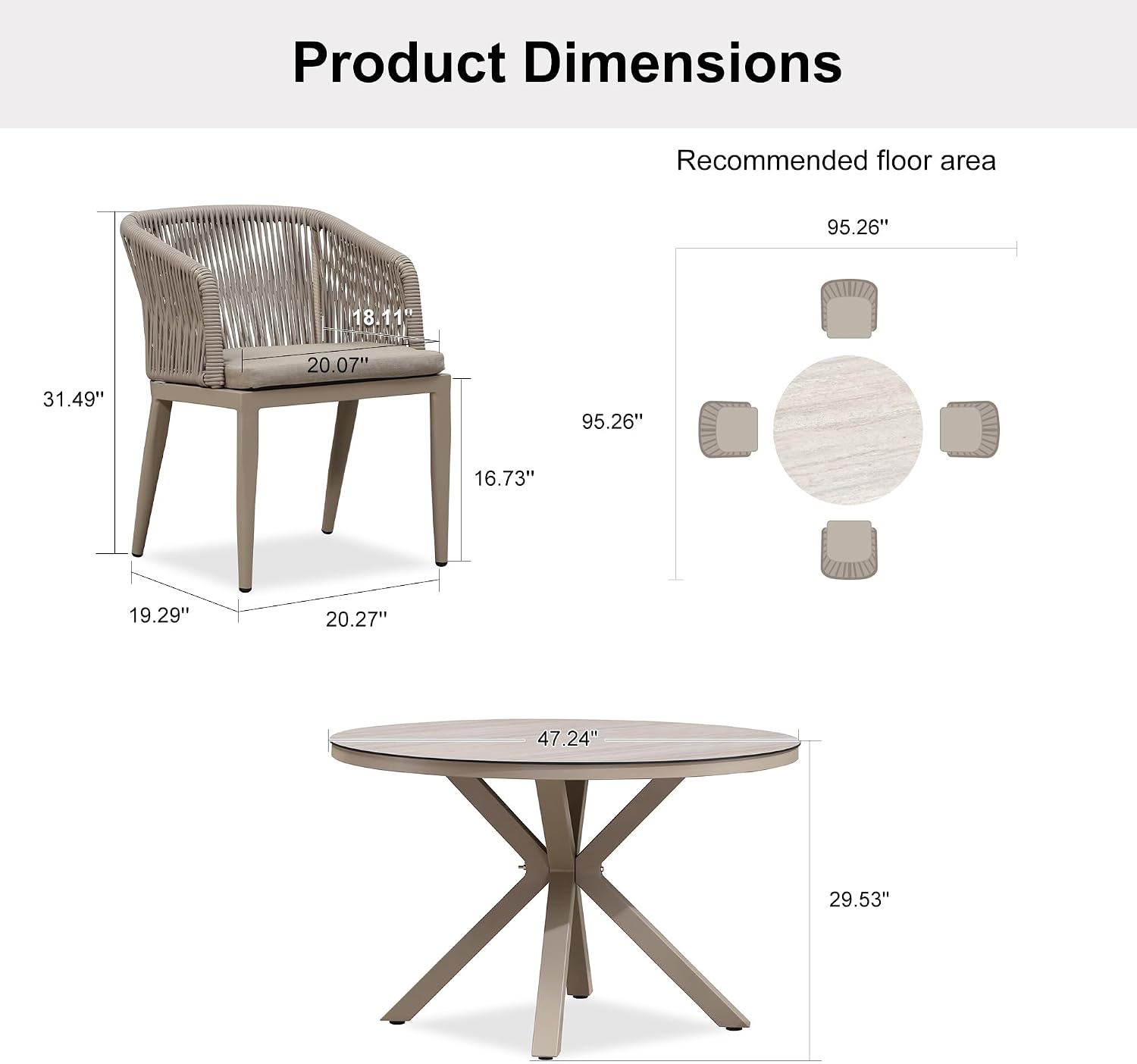 PURPLE LEAF 5 Pieces Oversized Round Patio Dining Set Aluminum Frame and Wicker Rattan Arm Chairs with Cushions for Garden Porch Kitchen Modern Outdoor Champagne