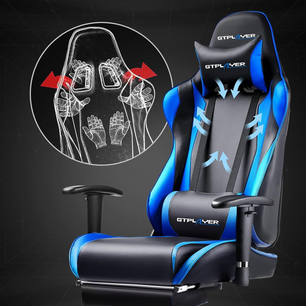 GTPLAYER Gaming Chair with Footrest, Ergonomic Computer Game Desk Chair, Recline Gaming Chair Seat Height Adjustment, Swivel Rocker with Headrest and Lumbar (Blue)