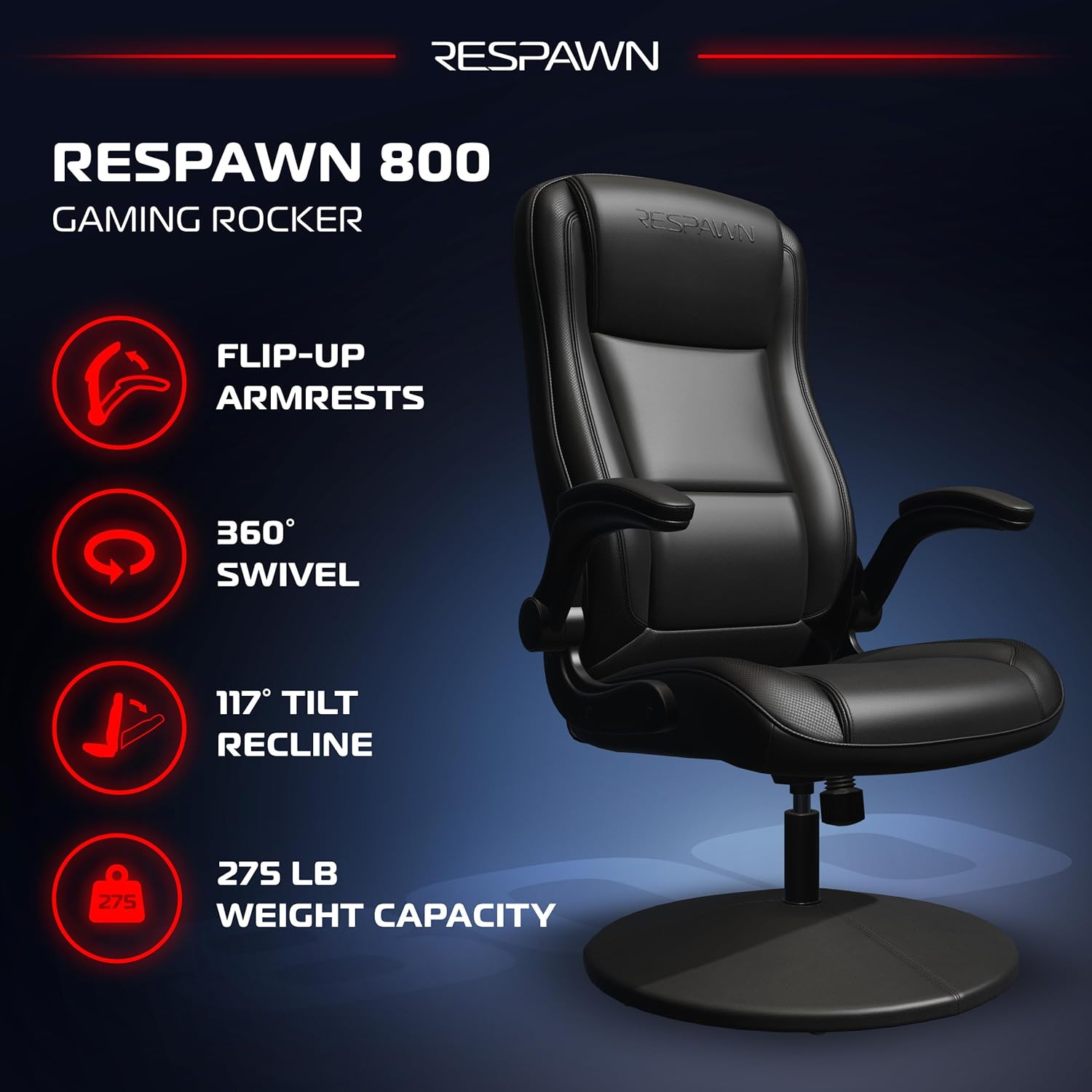 RESPAWN 800 Swivel Rocker Gaming Chair - Ergonomic Floor Gaming Seat with Lumbar Support, Flip Up Armrest, High Back, Pedestal Base, Comfortable No Wheels Console Video Game Rocker Chair - Black