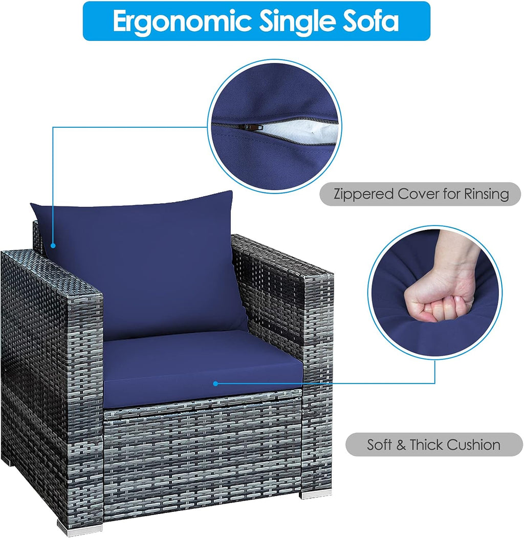 HAPPYGRILL 3 Pieces Patio Conversation Set Outdoor Rattan Wicker Sofa Set with Coffee Table Patio Furniture Set with Soft Cushions for Balcony Porch Backyard Garden