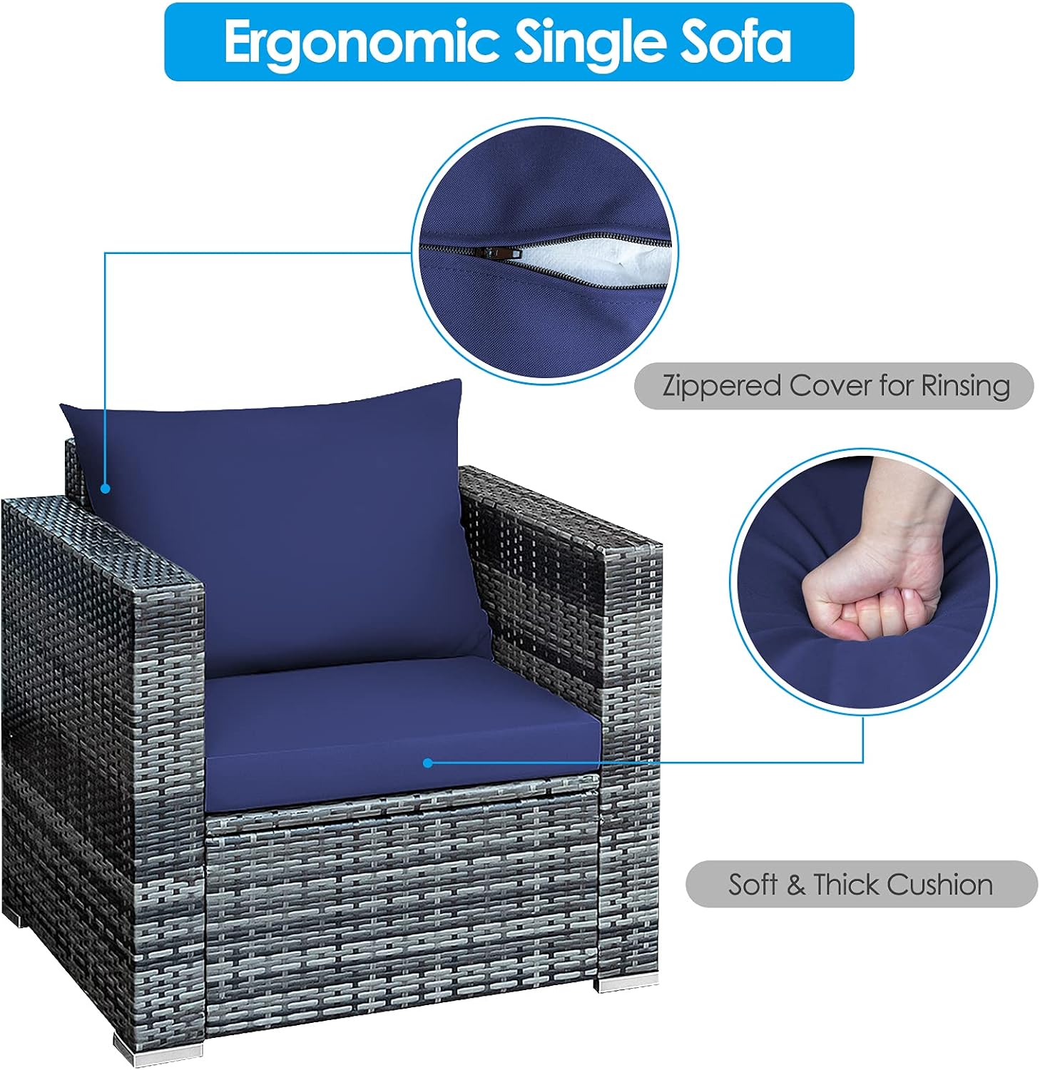 HAPPYGRILL 3 Pieces Patio Conversation Set Outdoor Rattan Wicker Sofa Set with Coffee Table Patio Furniture Set with Soft Cushions for Balcony Porch Backyard Garden