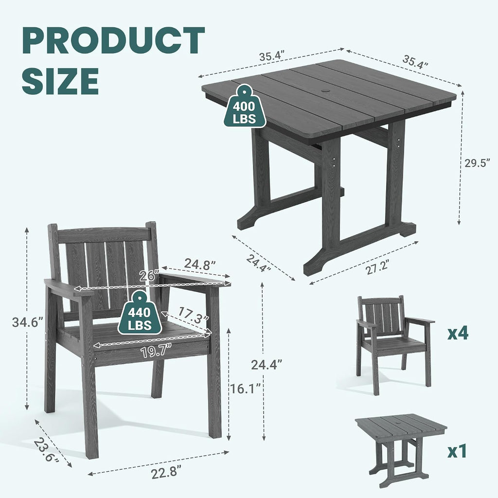 Pamapic 5 PCS Outdoor Dining Set, Spacious HDPE Outdoor Table and Chairs, Wood Grain Patio Furniture Sets with Elegant Armrest, All-Weather Patio Dining Table with Umbrella Hole, Gray