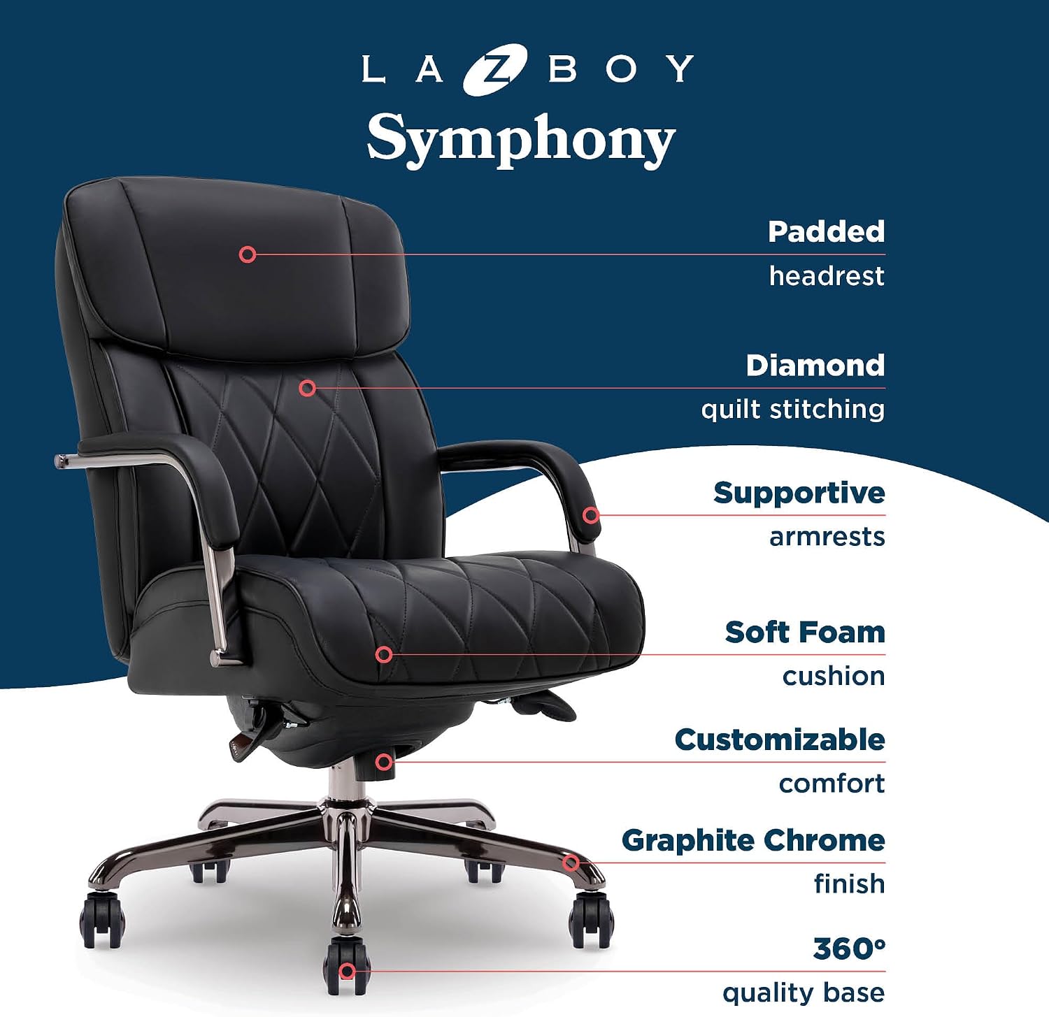 La-Z-Boy Symphony Executive Mid-Back Office Chair, Diamond Quilt Seat and Back, Pocket Coil Cushion, Padded Armrests, Ergonomic Computer DeskChair, Swivel Metal Base, Bonded Leather, Black/Graphite