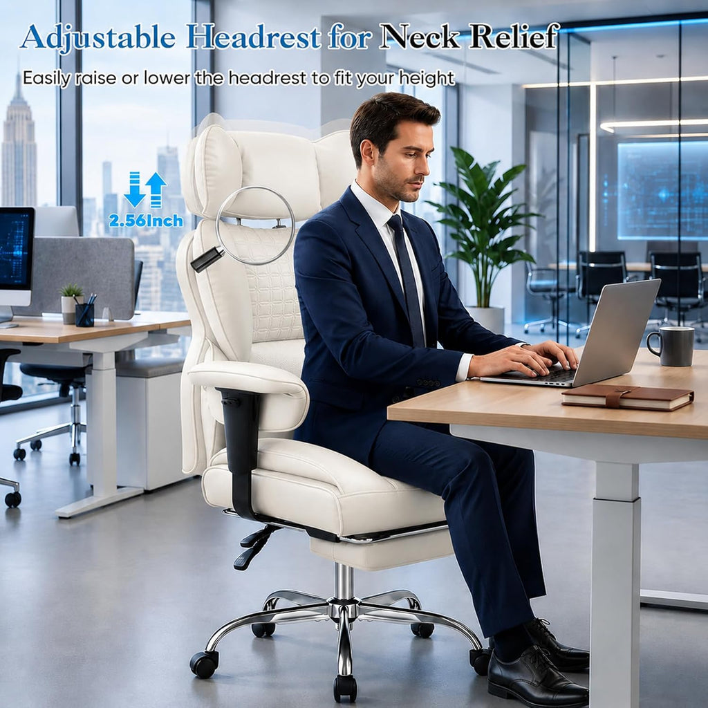 Big and Tall Gaming Computer Chair, Executive Ergonomic Home Office Desk Chair, with Footrest, High Back Reclining, Adjustable Armrests and Comfy Lumbar Support, PU Leather, Beige