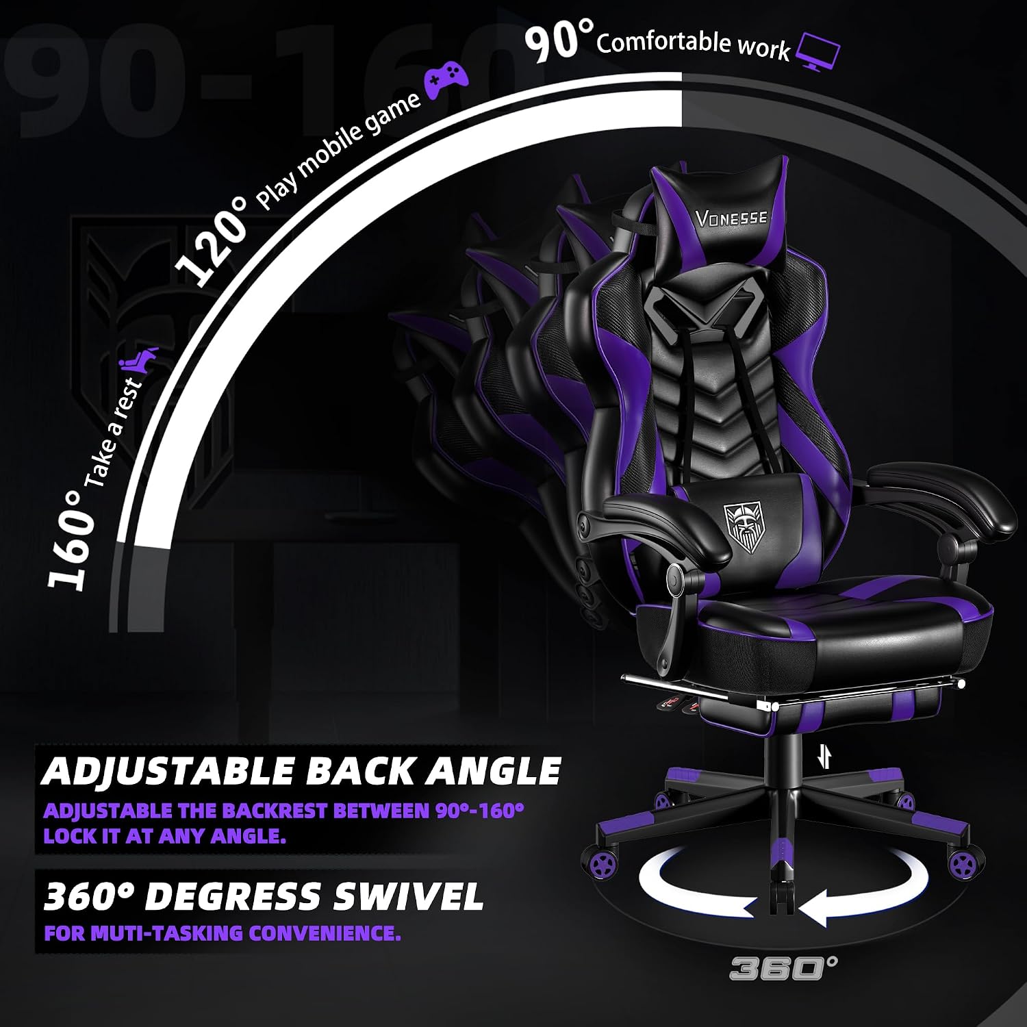 Vonesse Gaming Chair, Big and Tall Gaming Chair with Footrest and Massage, Gaming Chairs for Adults with Lumbar Support, Ergonomic High Back Computer Chair with Pocket Spring Cushion (Purple/Black)